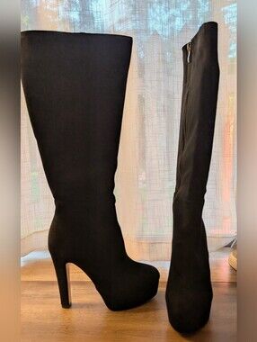 Classic Black, Faux Suede Knee-High Platform Heel Boots with Side Zip